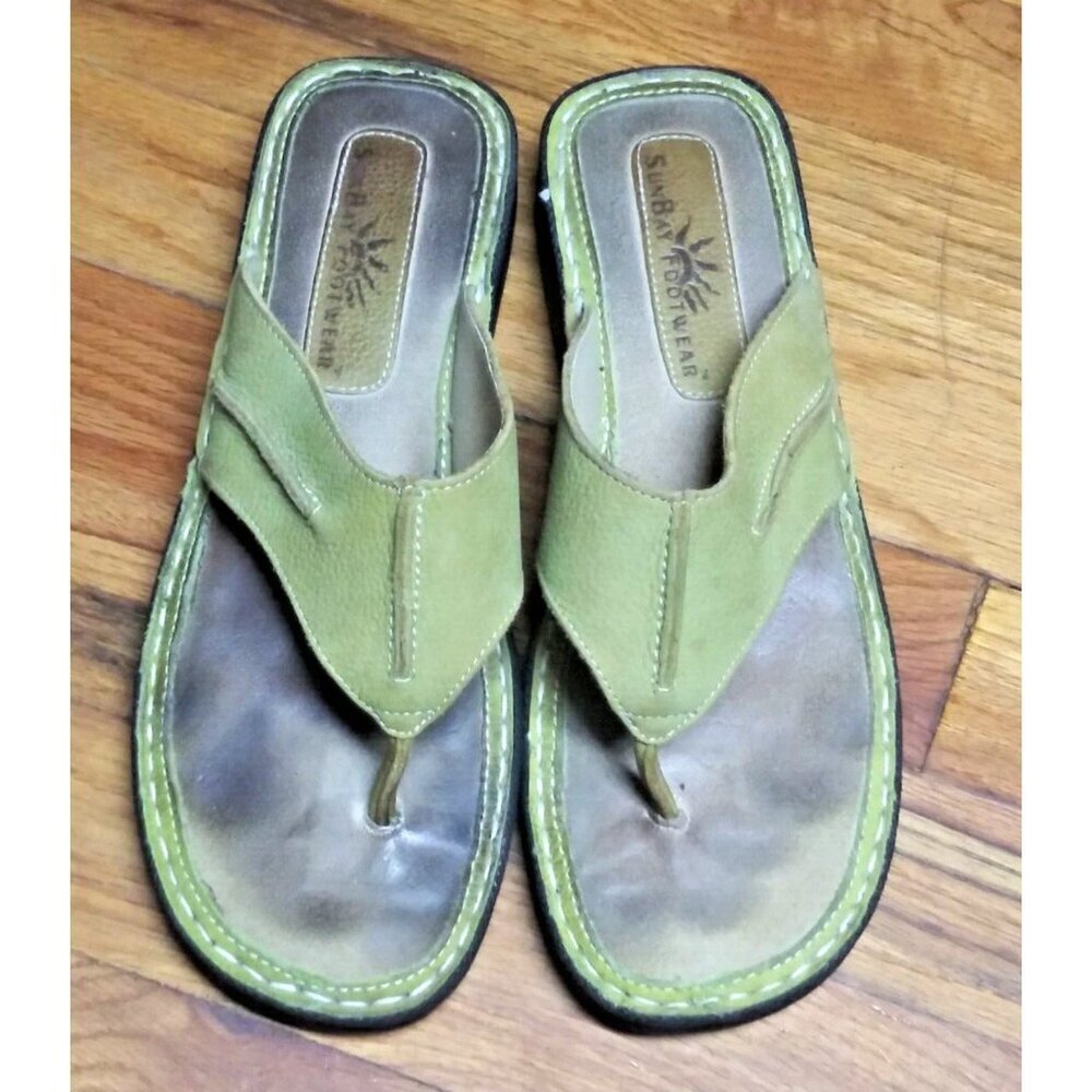 Women's Sunbay Footwear Sandals Thong Flip Flops Suede Leather Green Sz 7M EUC